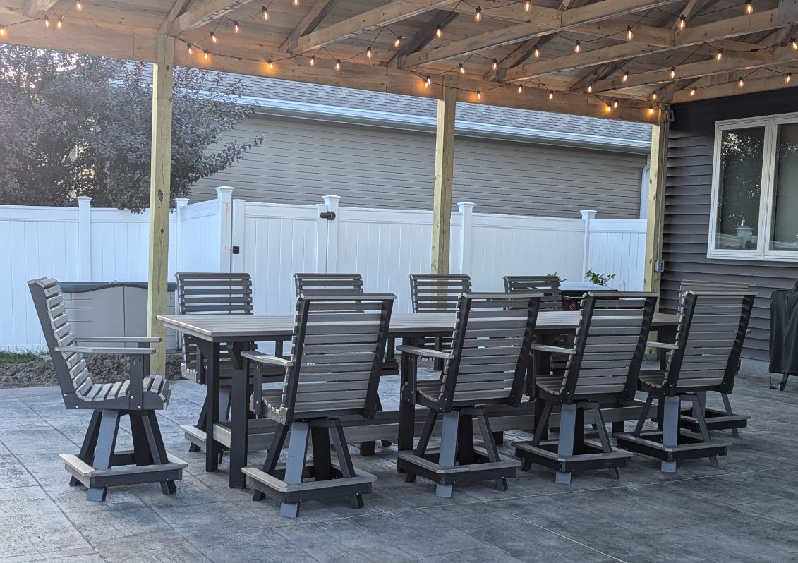 12' Counter Table with 10 Rollback Swivel Counter Chairs in Black and Coastal Gray