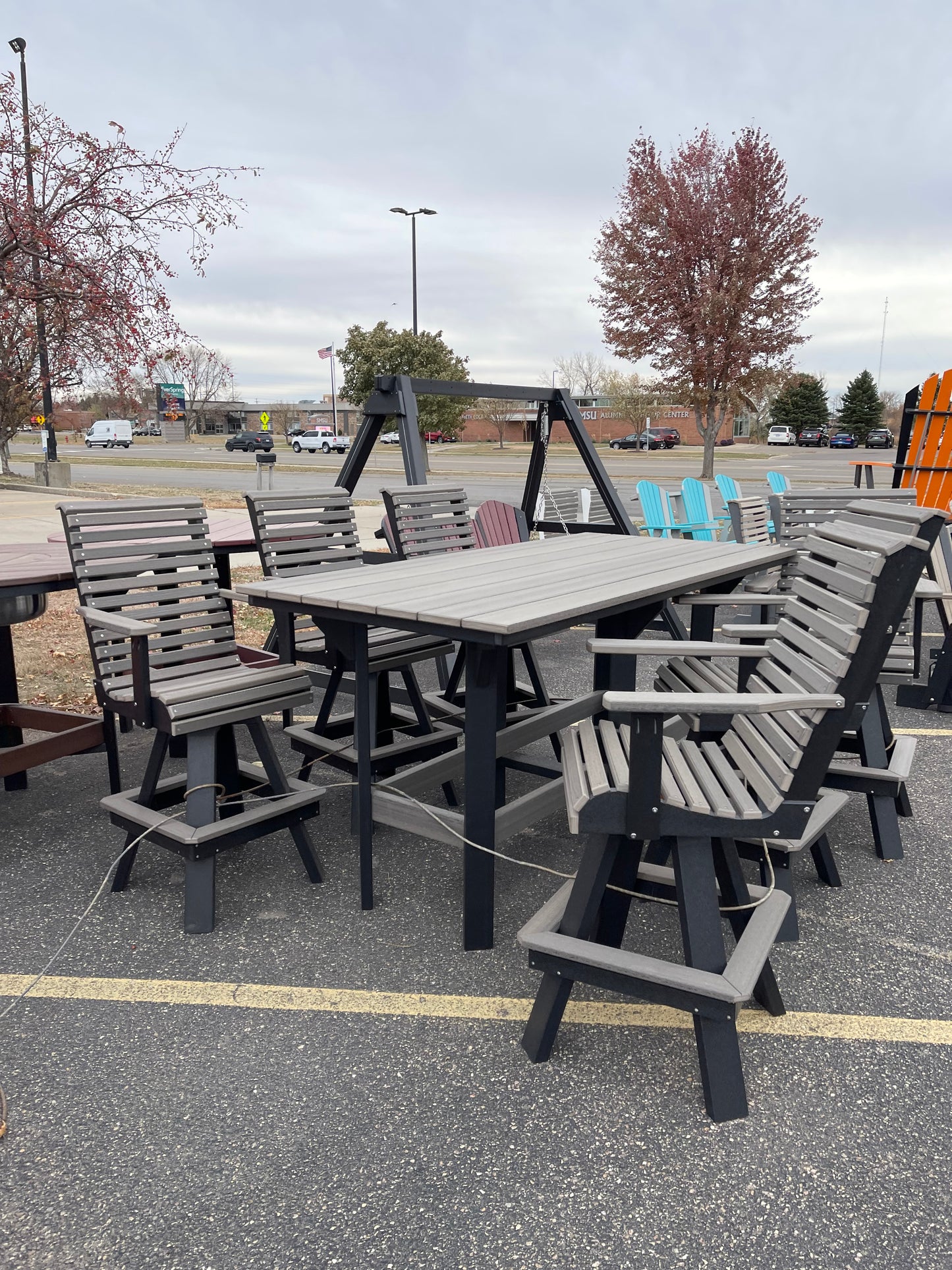 7' Bar Table with 6 Rollback Swivel Bar Chairs in Black & Coastal