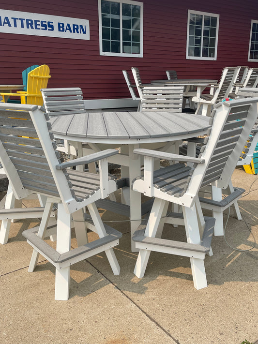 60" Round Bar Table with 6 Rollback Swivel Bar Chairs in White/Driftwood Gray