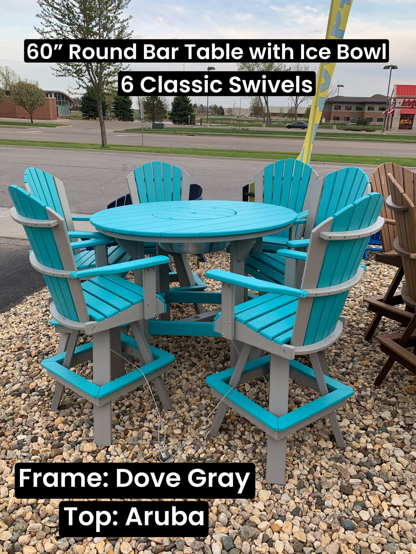 60" Round Bar Table with 6 Classic Swivel Bar Chairs in Dove Gray and Aruba