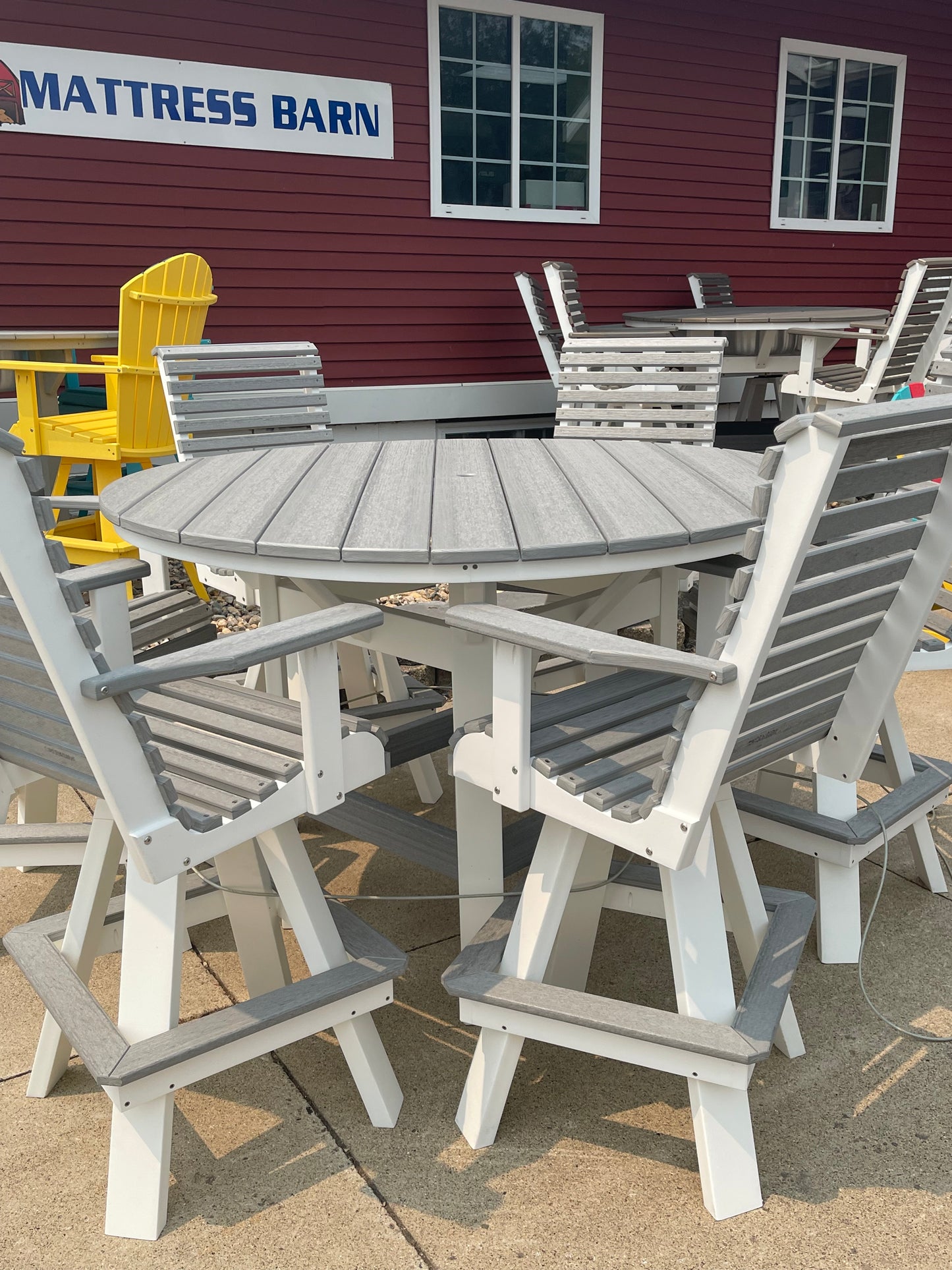 60" Round Bar Table with 6 Rollback Swivel Bar Chairs in White/Driftwood Gray