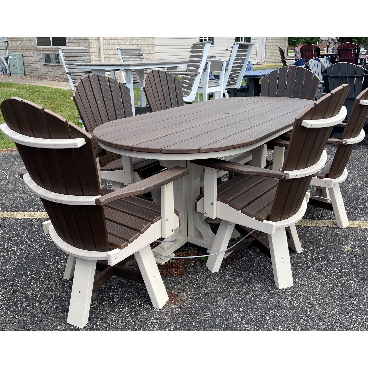 7' Oval Dining Table with 6 Classic Swivel Dining Chairs in Ivory/Brazilian Walnut