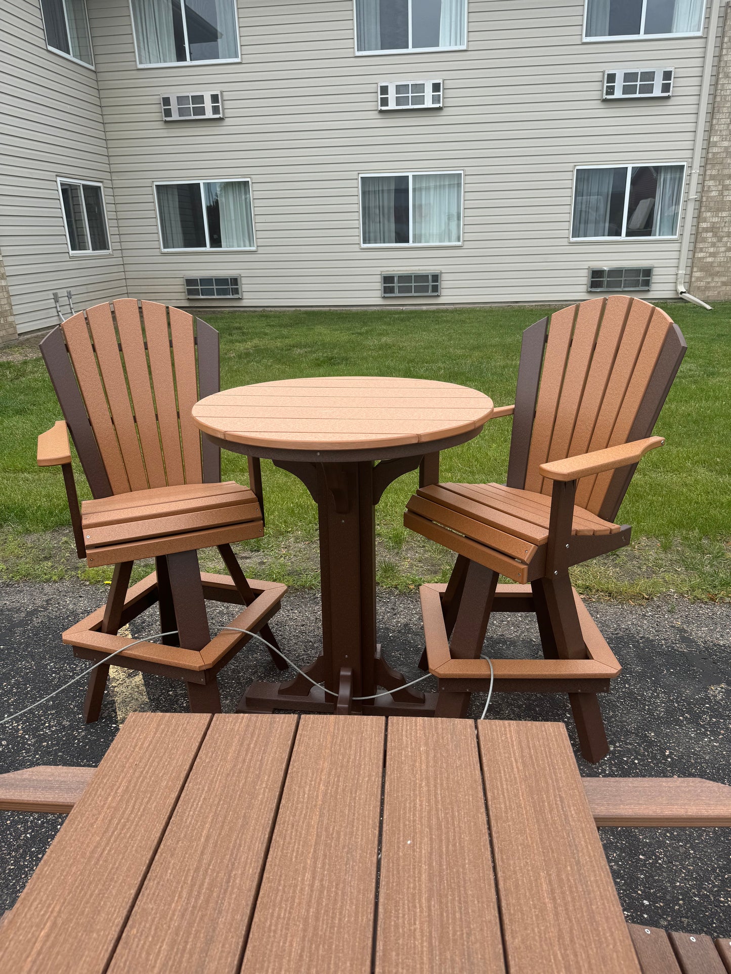 39" Round Bar Table with 2 Classic Swivels in Brown and Cedar