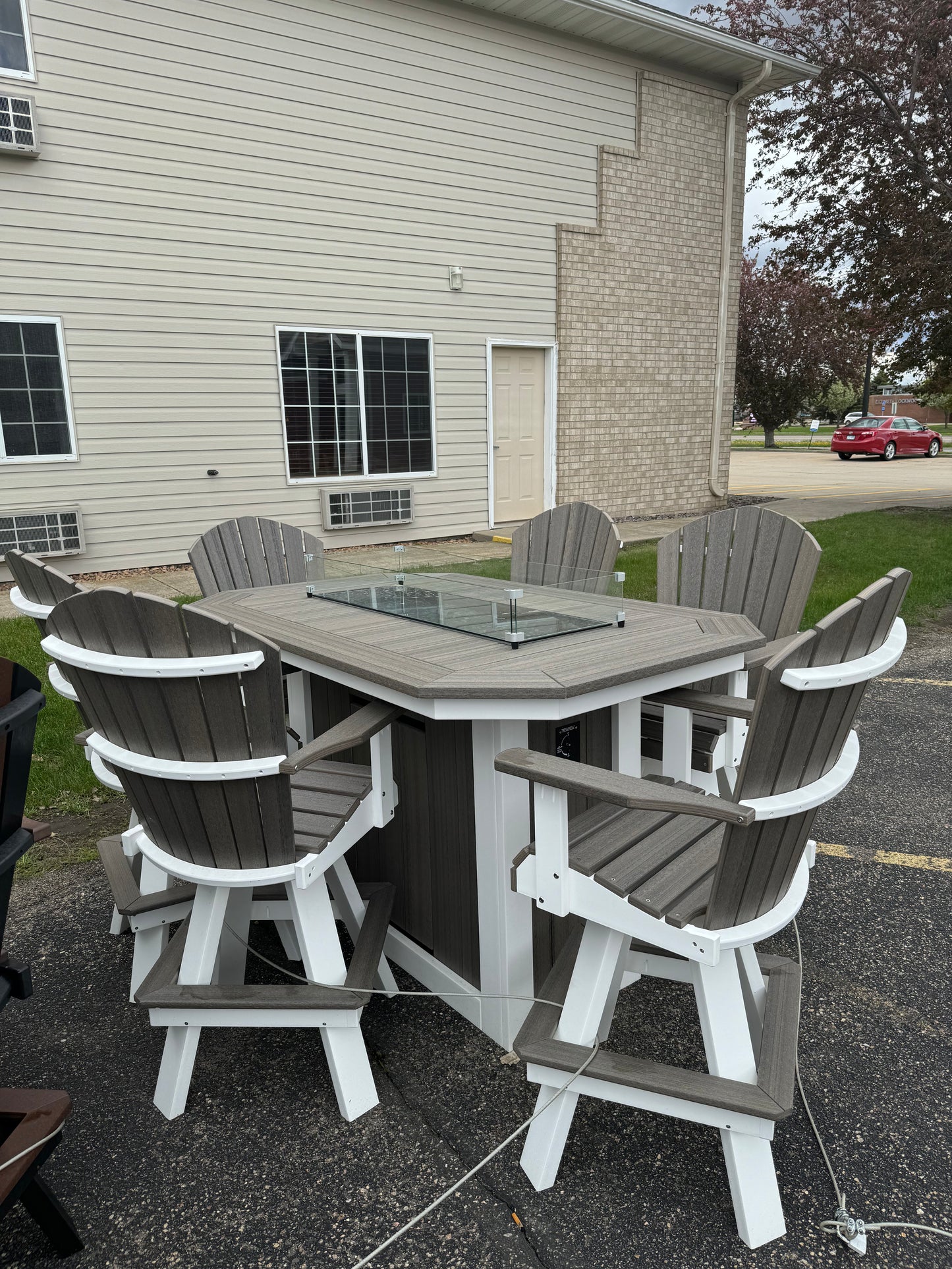 6' Fire Table with 6 Classic Swivel Bar Chairs in White and Coastal Gray