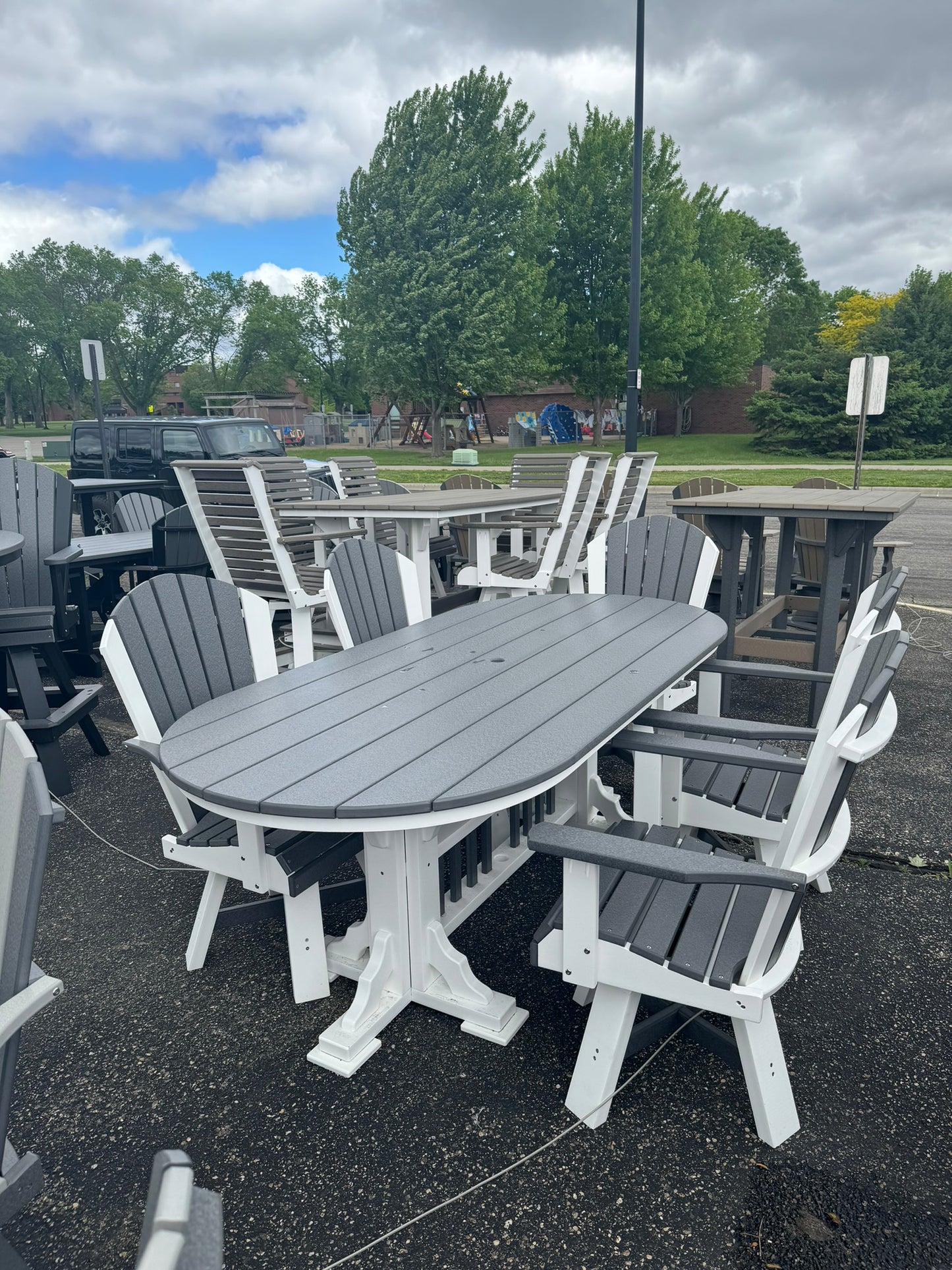 7' Oval Dining Table with 6 Classic Swivel Dining Chairs in White/Dark Gray