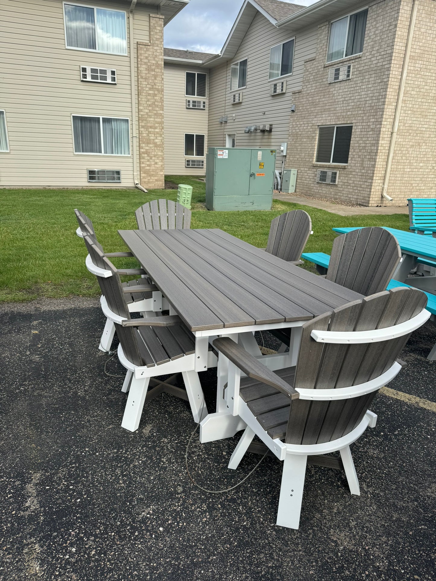 8' Dining Table with 6 Classic Swivel Dining Chairs in White & Coastal Gray (Wood Grain)