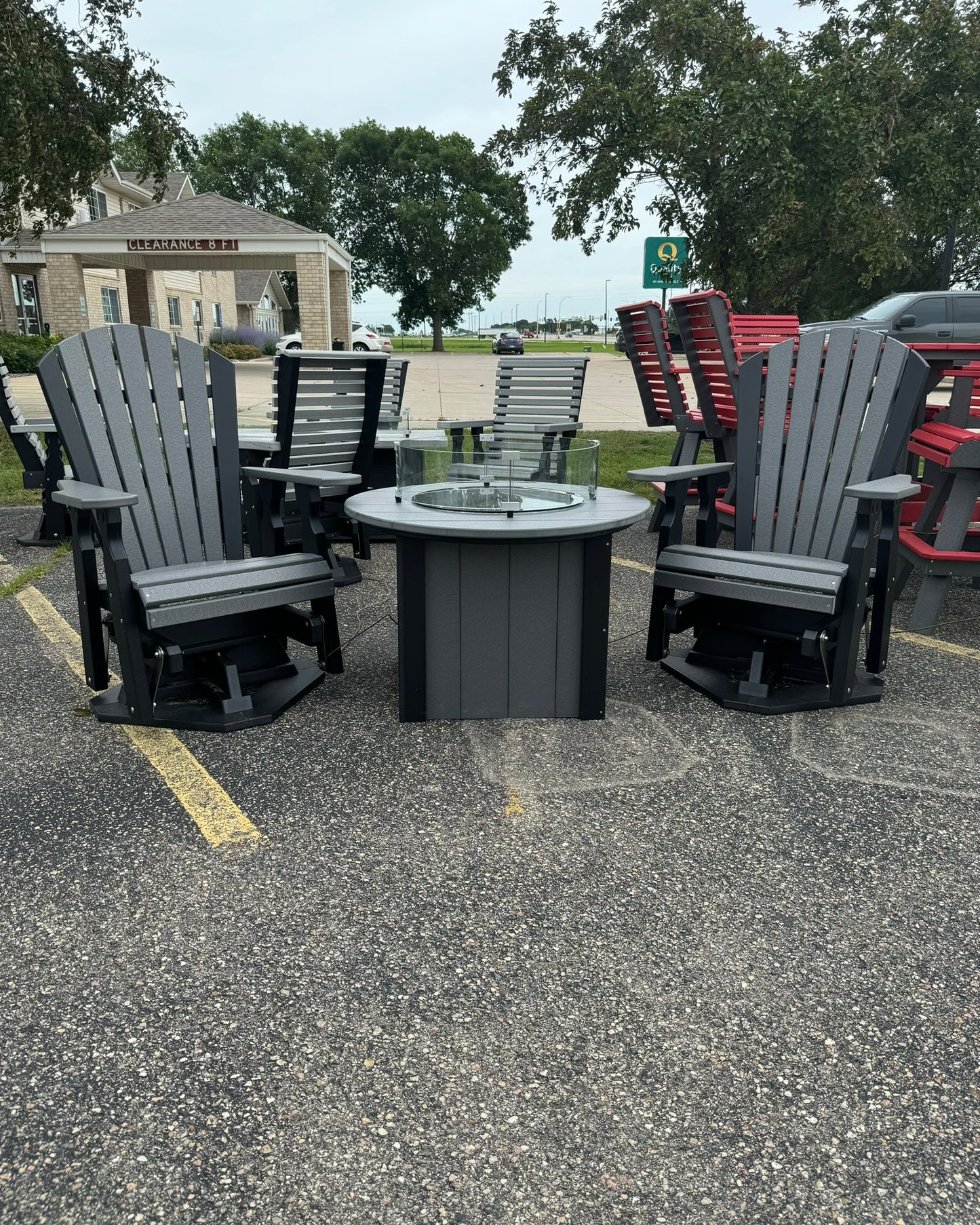 34" Round Fire Pit with 2 Classic Swivel Gliders in Black and Dark Gray