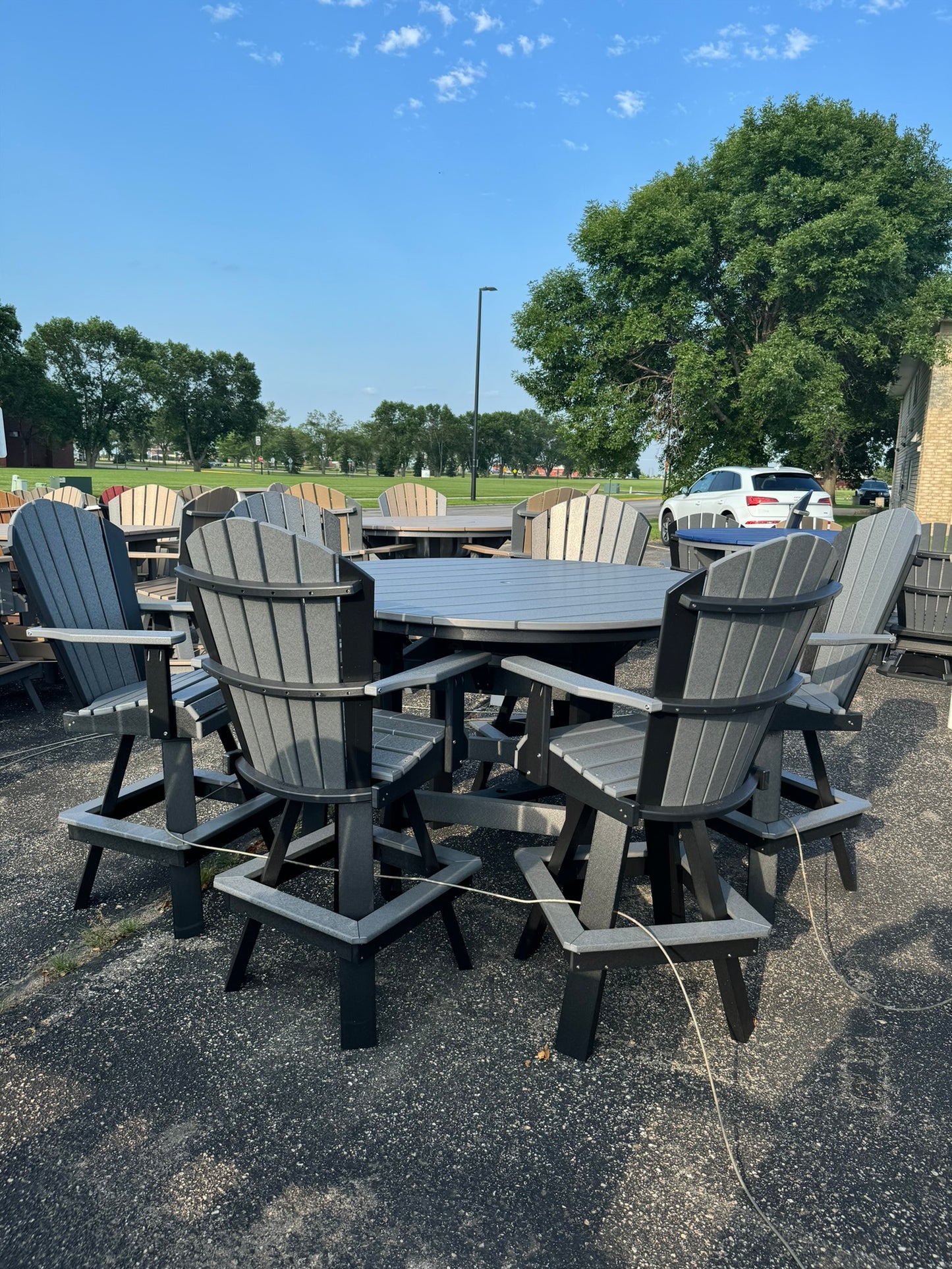 60" Round Bar Table with 6 Classic Swivel Bar Chairs in Black and Dark Gray