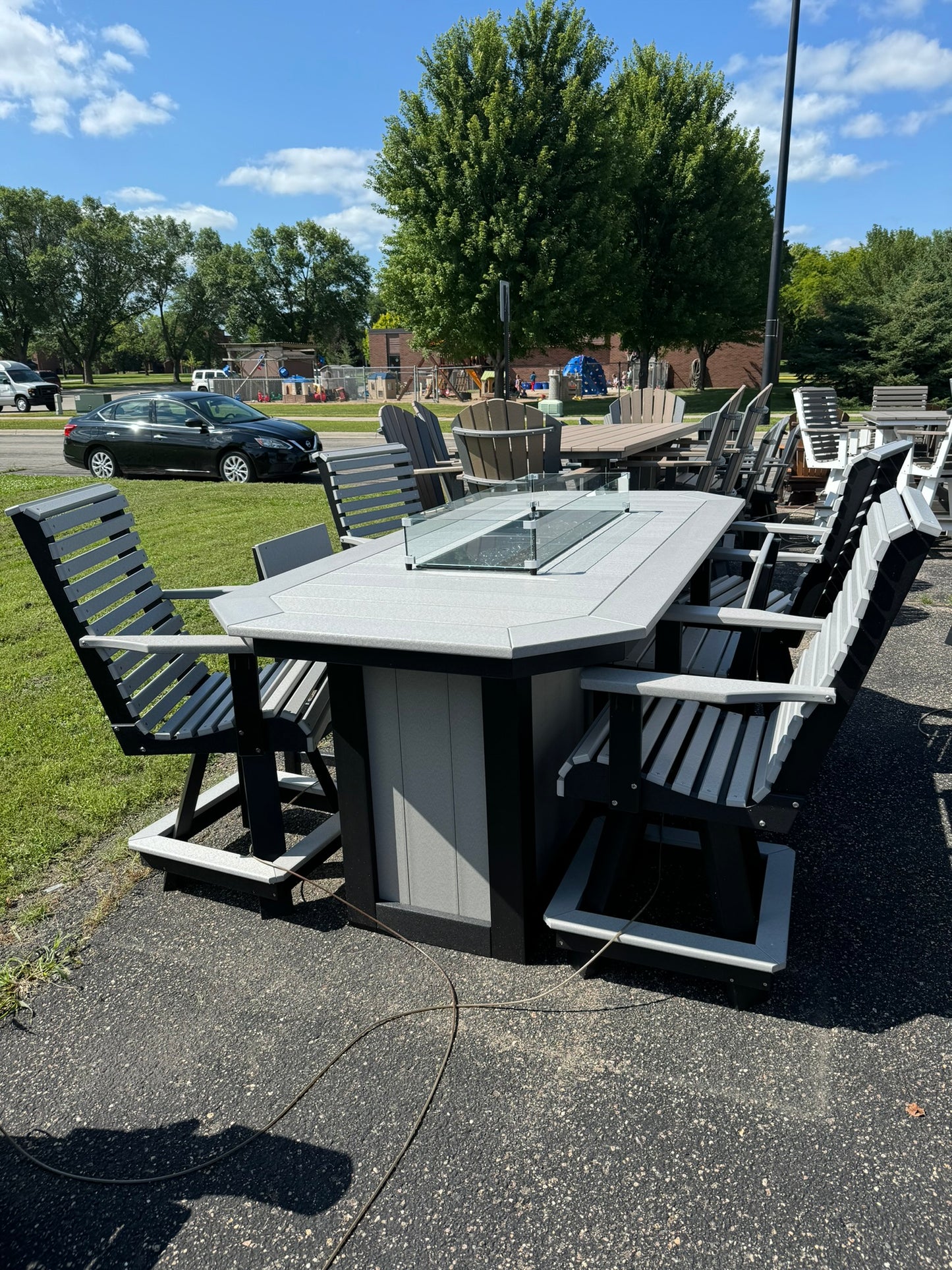 8' Counter Height Fire Table with 4 Rollback and 2 Stationary Counter Chairs in Black and Dove Gray