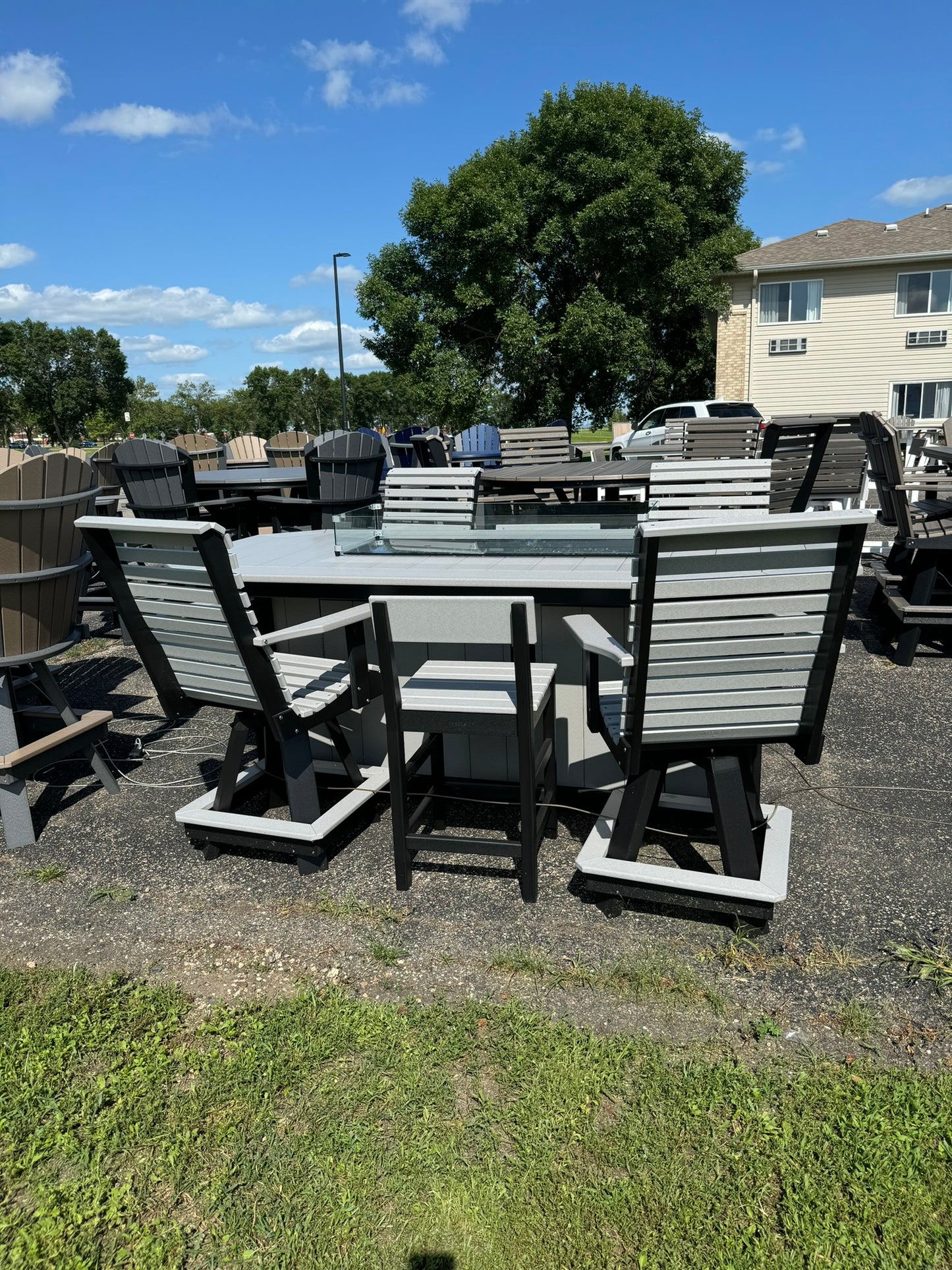 8' Counter Height Fire Table with 4 Rollback and 2 Stationary Counter Chairs in Black and Dove Gray