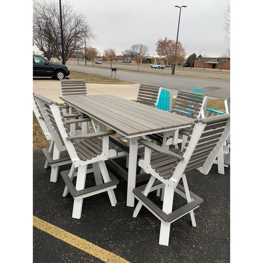 Creekside 7' Bar Table with 6 Rollback Swivel Chairs in White & Coastal