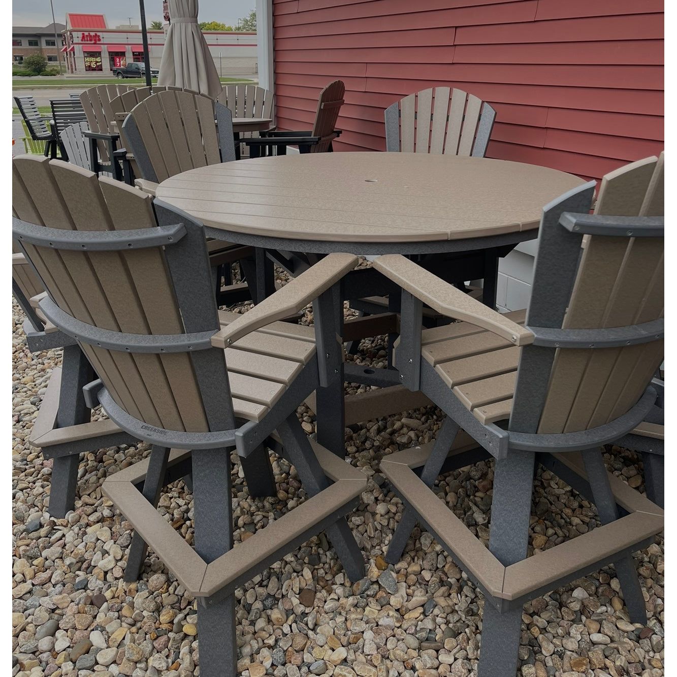 Creekside 60" Round Bar Table with 6 Classic Bar Chairs in Dark Gray & Weatherwood